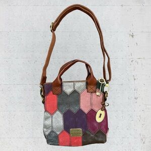 Fossil Long Live Vintage Multi Color Patchwork Leather Boho Hippie Crossbody